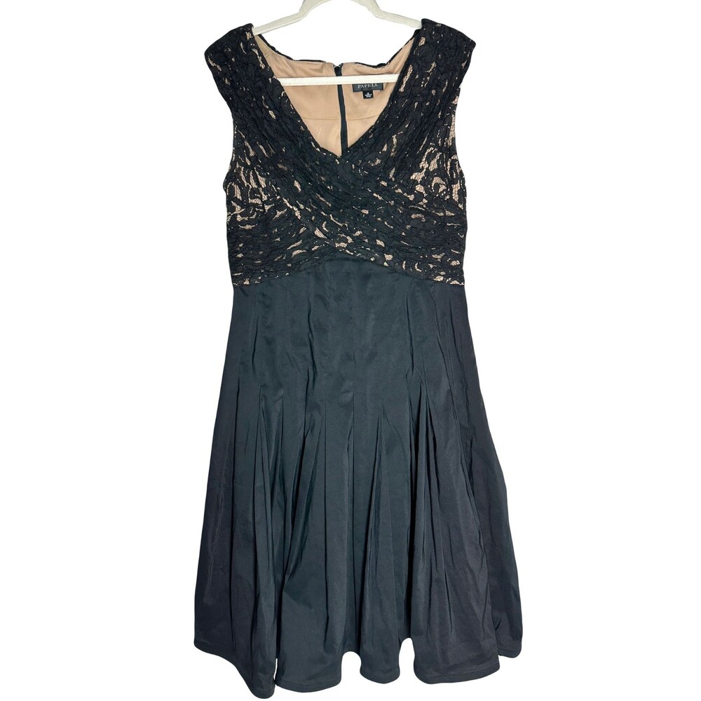 Adrianna Papell Black Lace Pleated Midi Sleeveless Party Cocktail Dress Size 14
